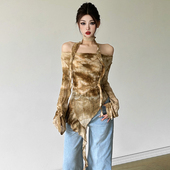 WEIRD 上衣T恤女 别致修身 PUSS 扎染设计感小众不规则一字领长袖