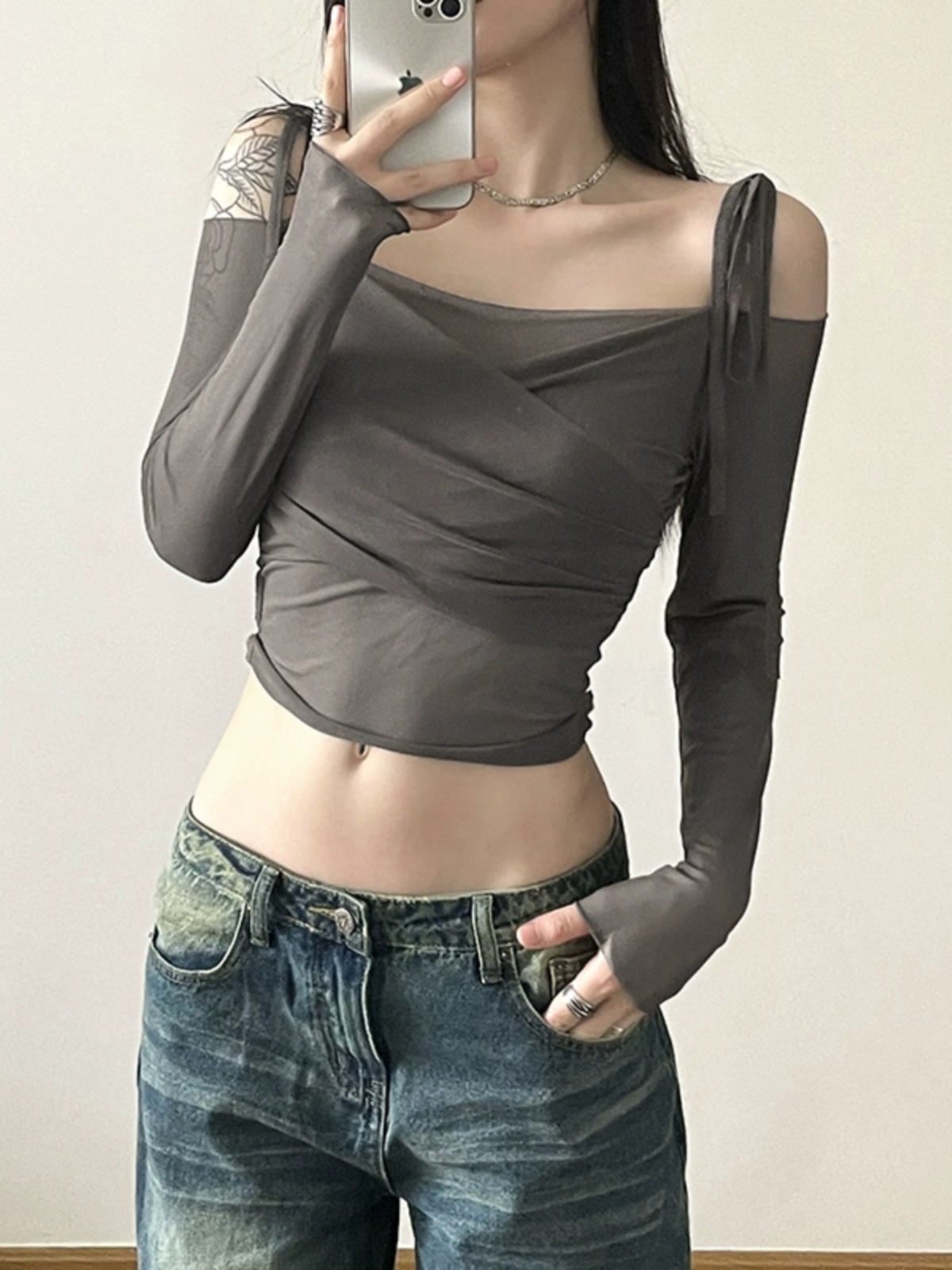 WEIRD PUSS Internet Celebrity Ins Cool Spicy Girl Style Off-Shoulder Mesh Patchwork Slim Fit Vielseitig Langarm_voghion.com