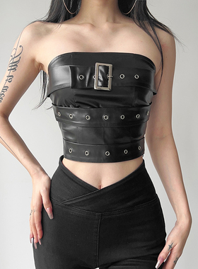 WEIRD PUSS 朋克潮酷穿搭皮带装饰设计感黑色PU皮抹胸背心上衣女