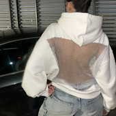 WEIRD 休闲百搭上衣潮 复古辣妹风大网眼拼接连帽卫衣女 PUSS 美式