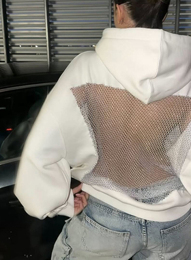 WEIRD PUSS 美式复古辣妹风大网眼拼接连帽卫衣女 休闲百搭上衣潮