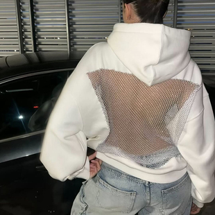 复古辣妹风大网眼拼接连帽卫衣女 美式 休闲百搭上衣潮 PUSS WEIRD