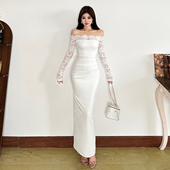 PUSS 优雅新月轻奢蕾丝拼接一字肩长袖 连衣裙女 WEIRD 修身 裙子潮