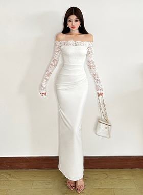 WEIRD PUSS 优雅新月轻奢蕾丝拼接一字肩长袖连衣裙女 修身裙子潮