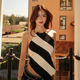 WEIRD PUSS韩剧女主条纹撞色针织系带挂脖背心女时髦露背百搭上衣
