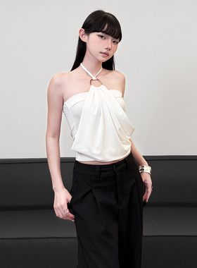 WEIRD PUSS 纯欲设计感圆环链接系带挂脖抹胸背心女 修身百搭上衣