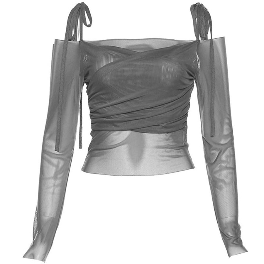 WEIRD PUSS Internet Celebrity Ins Cool Spicy Girl Style Off-Shoulder Mesh Patchwork Slim Fit Vielseitig Langarm_voghion.com