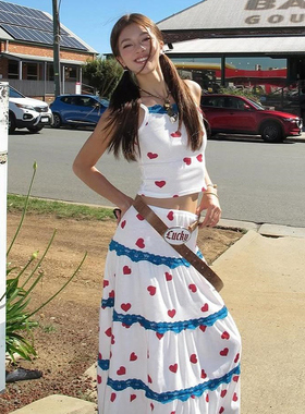 WEIRD PUSS复古波普风情爱心印花蕾丝拼接吊带背心修身半身裙套装