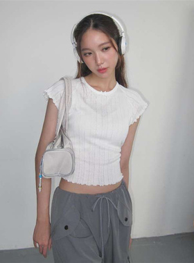 WEIRD PUSS 夏季简约纯色木耳圆领短袖t恤女薄款修身显瘦百搭上衣