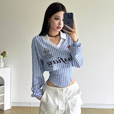 条纹v领印花衬衫抹胸内搭两件套