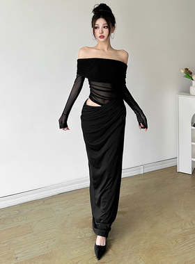 WEIRD PUSS 黑色网纱一字肩连衣裙女镂空透视褶皱设计感气质长裙