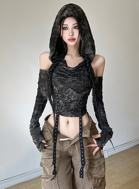 WEIRD PUSS y2k千禧辣妹设计感露肩显瘦连帽长袖T恤黑色百搭上衣