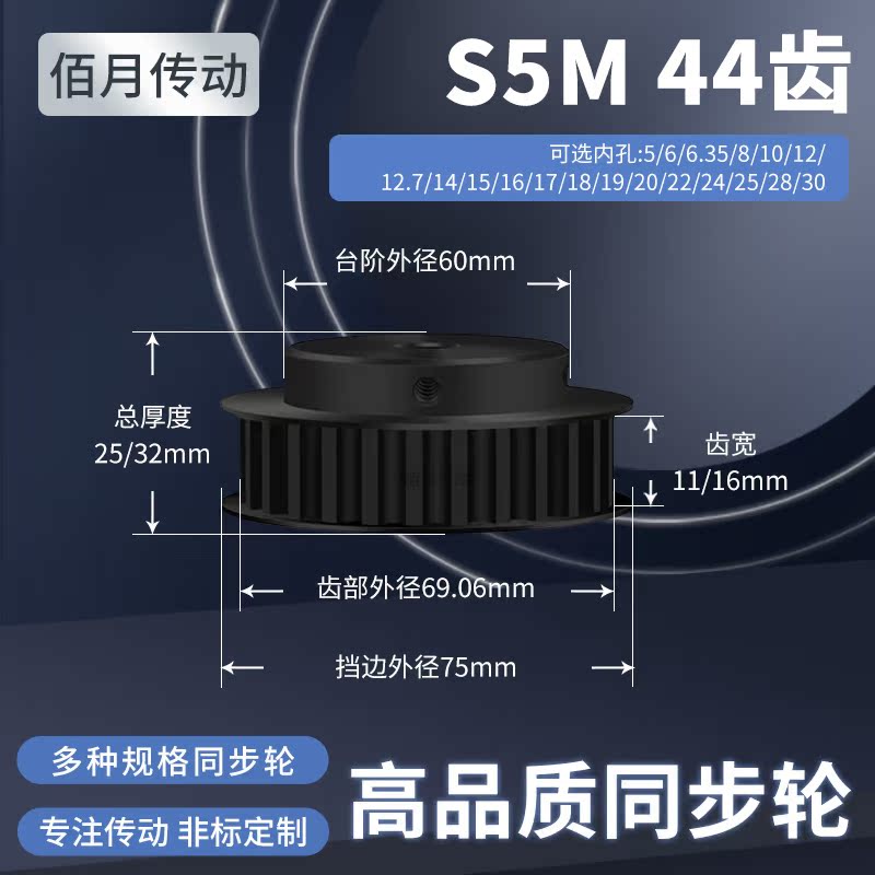 同步轮S5M44齿钢齿宽11/16内孔8101214224减速铝合金齿形同步带轮