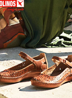 Pikolinos派高雁23春季擦色牛皮浅口平跟纯色魔术贴单鞋PS231136