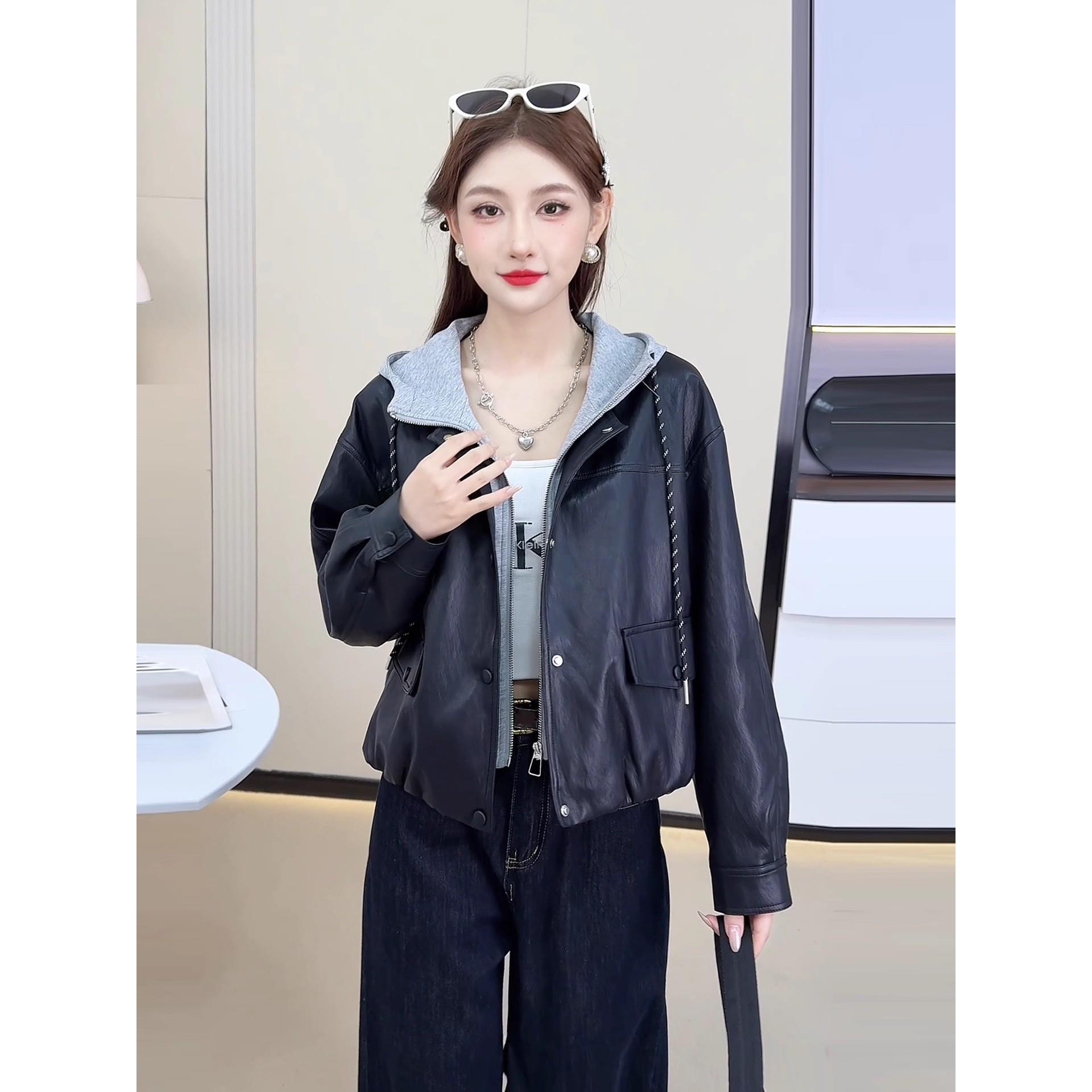 MONLOUVE时尚连帽假两件皮衣外套女2025秋季新款洋气宽松休闲短款