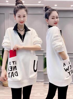 MONLOUVE时尚洋气中长款卫衣女2025秋季新款黑色字母印花遮屁股宽