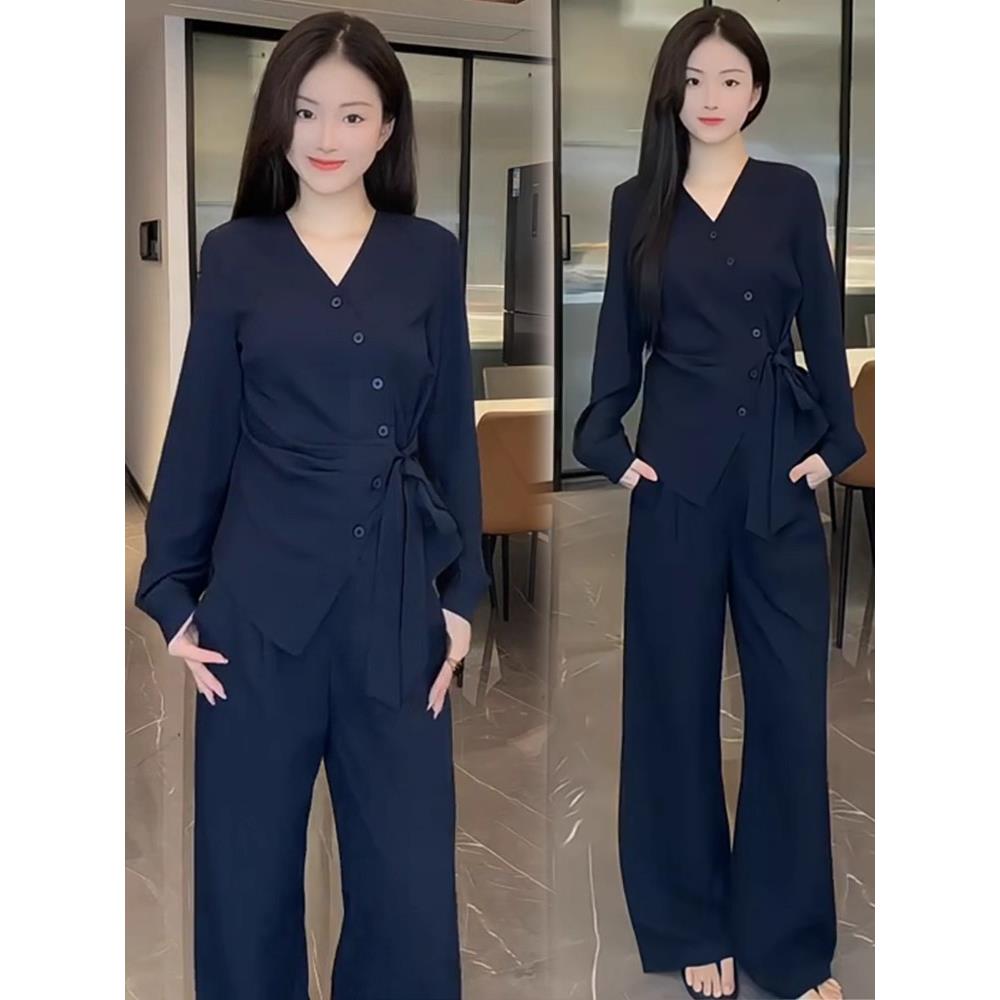 MONLOUVE时尚套装女2025秋季新款洋气显瘦不规则长袖上衣阔腿裤休