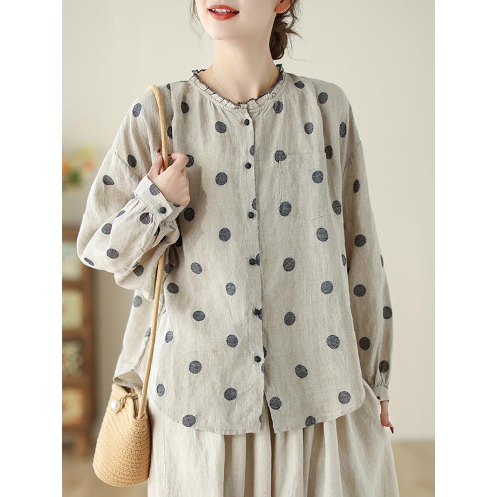 MONLOUVE覆古日系长袖衬衫女春秋设计感做旧宽松显瘦波点印花上衣