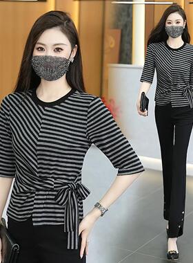 MONLOUVE洋气圆领条纹打底衫女2025秋季新款时尚百搭设计感休闲长