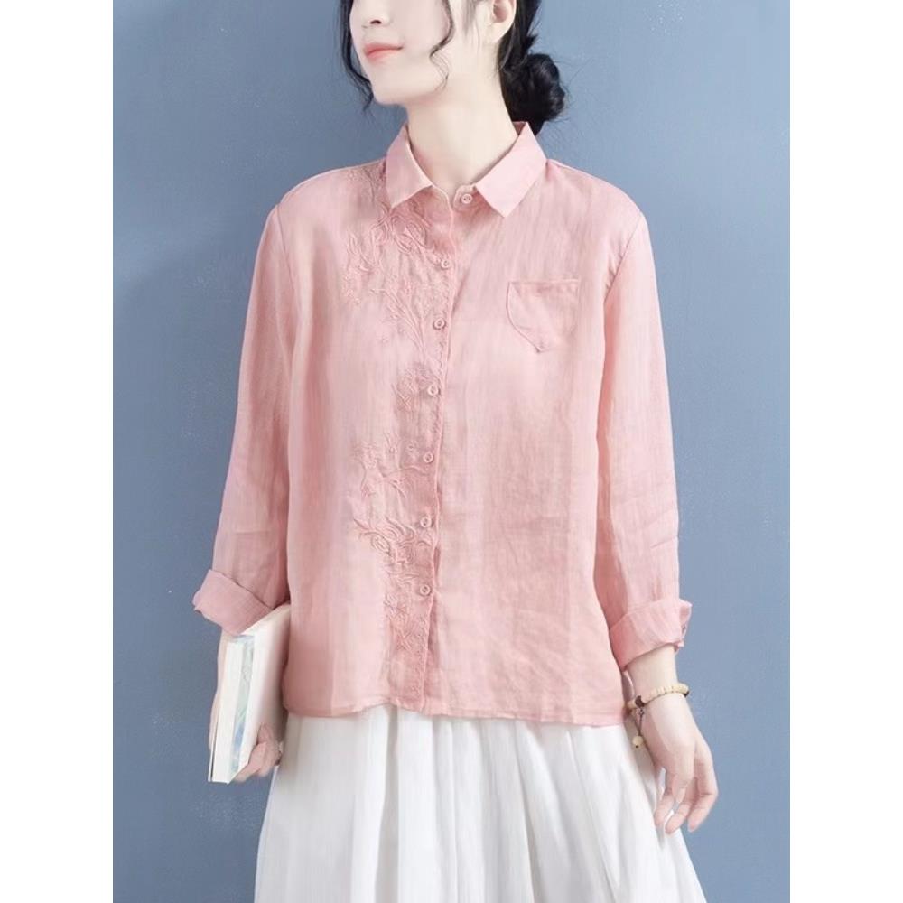 MONLOUVE刺绣纯色长袖衬衫女士春秋新款宽松气质显瘦衬衣内搭上衣