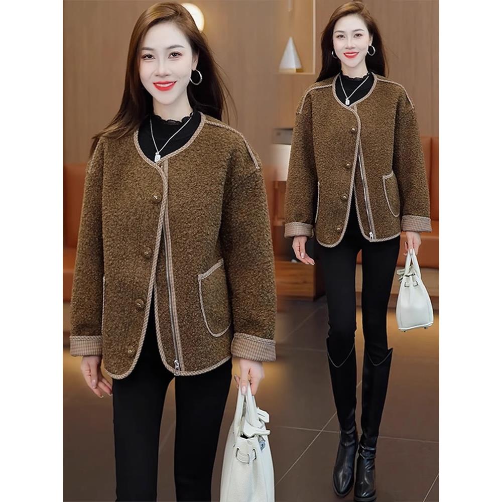 MONLOUVE小香风短外套女2025秋冬新款洋气宽松显瘦小个子羊羔毛加