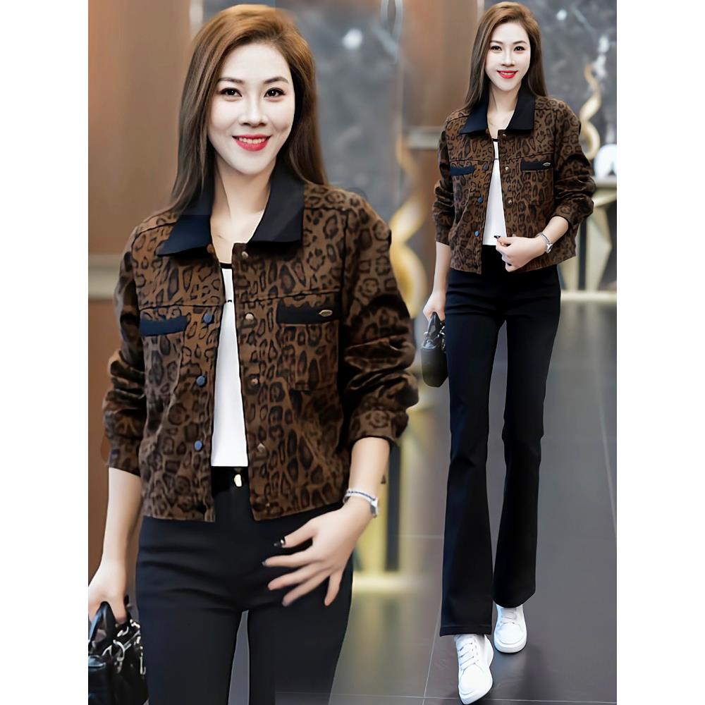 MONLOUVE时尚翻领豹纹短外套女士2025秋季新款韩版宽松休闲百搭夹