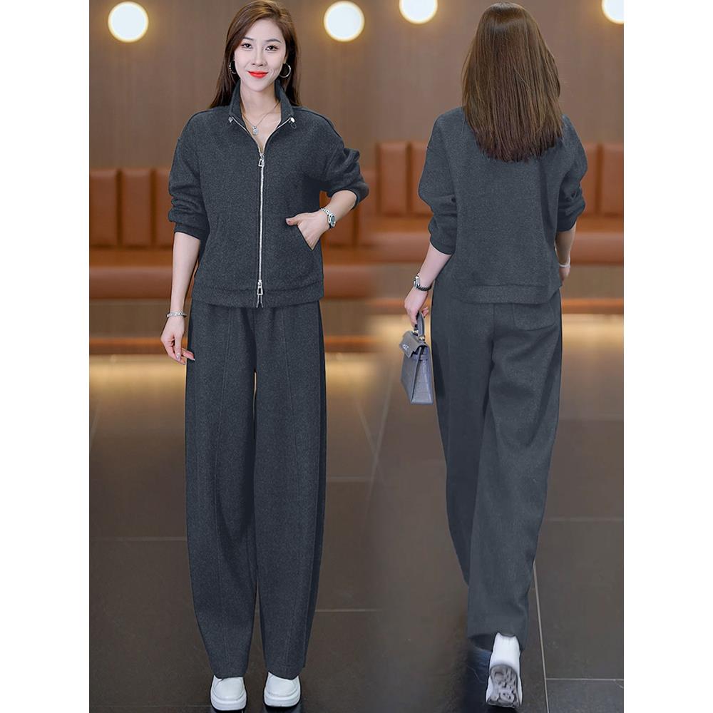 MONLOUVE时尚休闲运动套装女2025秋季新款洋气显瘦拉炼短外套阔腿