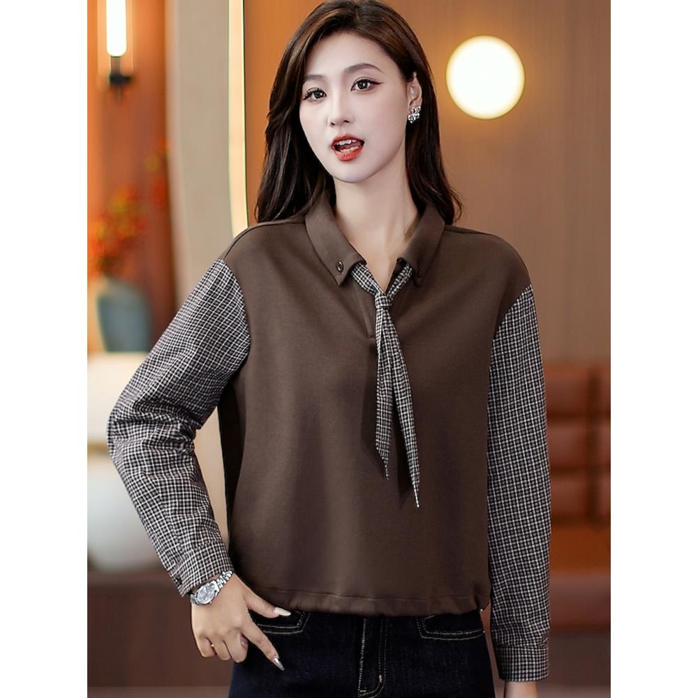 MONLOUVE时尚拼接格子衬衫女士2025秋季新款洋气百搭翻领领带长袖