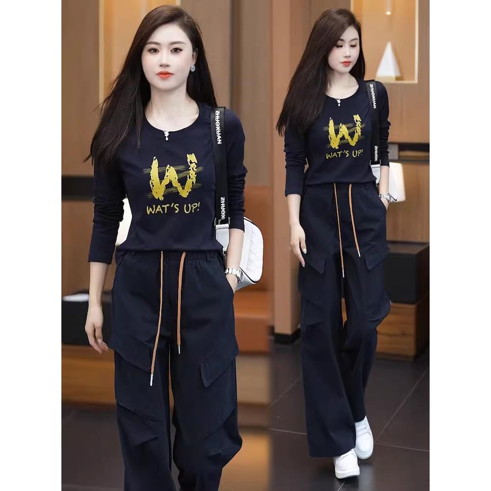 MONLOUVE时尚套装女2025秋季新款时髦洋气长袖T恤工装阔腿裤休闲