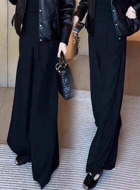 MONLOUVE时尚高腰阔腿裤女2025秋季新款气质黑色宽松显瘦百搭休闲