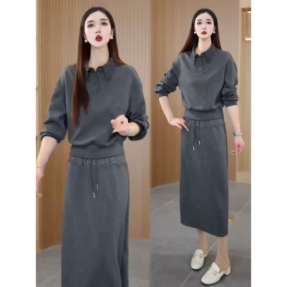 MONLOUVE时尚套装裙女2025秋季新款时髦洋气蕾丝拼接长袖上衣半身