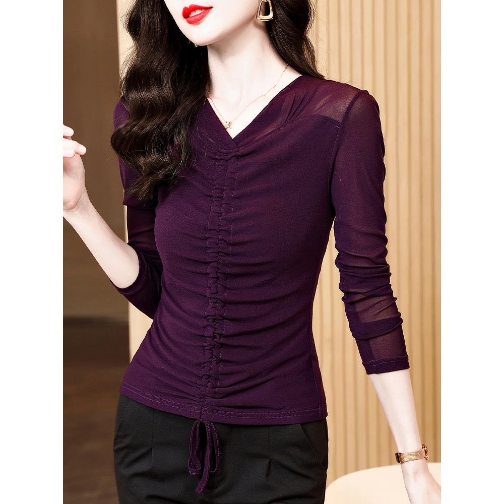 MONLOUVEV领网纱打底衫女长袖秋装2025年新款抽绳褶皱小衫内搭T恤