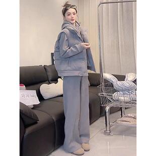 MONLOUVE时尚休闲套装女冬季新款洋气时髦马甲加绒连帽卫衣阔腿裤