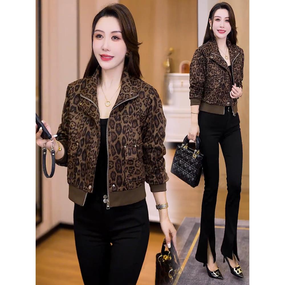 MONLOUVE时尚豹纹短外套女2025秋季新款洋气显瘦休闲宽松小个子夹