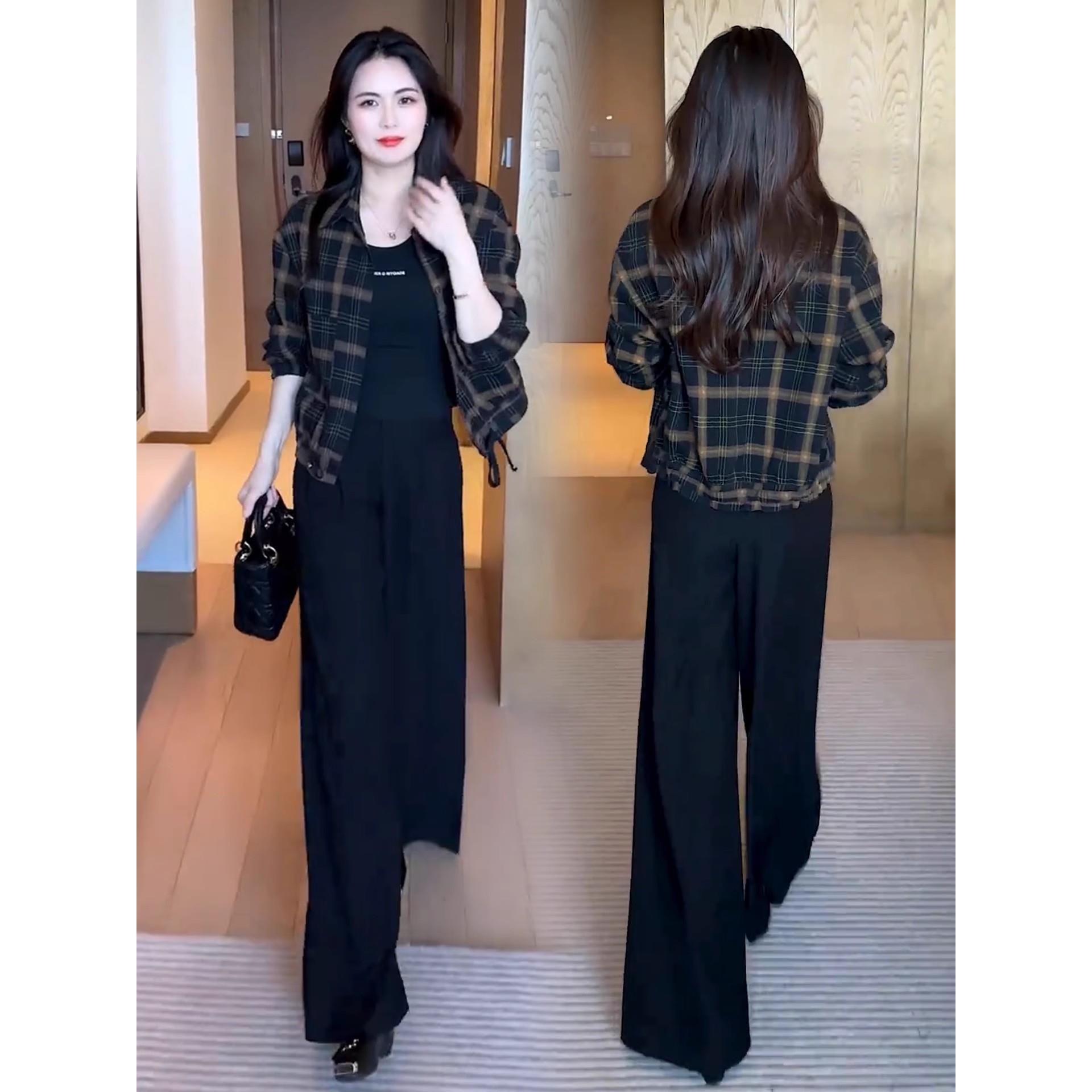 MONLOUVE时尚格子短外套套装2025秋季新款洋气显瘦百搭夹克阔腿裤