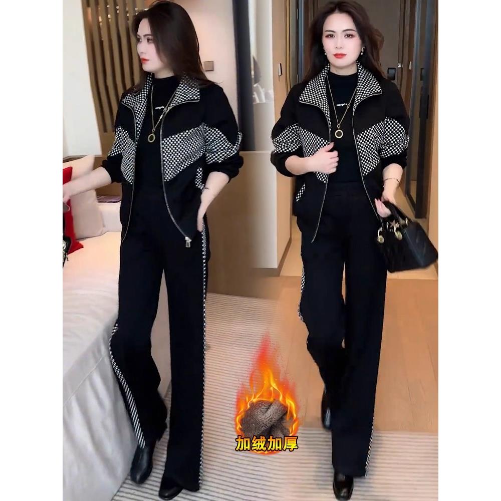 MONLOUVE加绒加厚休闲套装女冬季新款时尚格子拼接立领外套阔腿裤