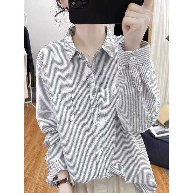 MONLOUVE女士蓝色条纹衬衫早秋长袖2025新款广东普宁衬衣洋气减龄