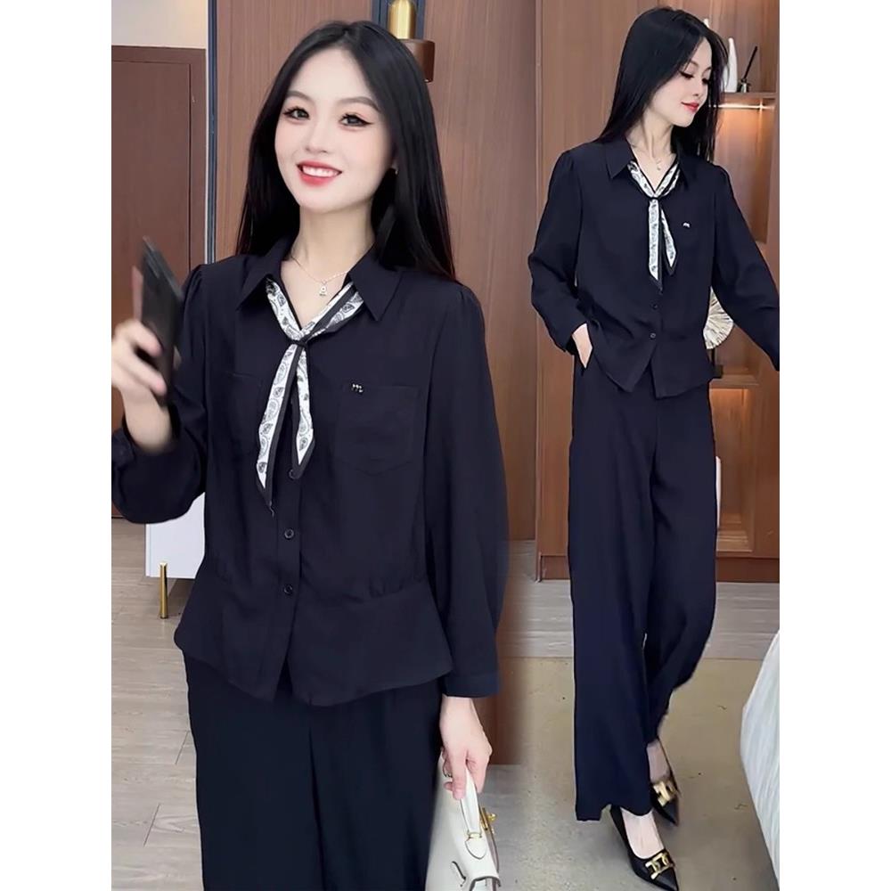 MONLOUVE时尚套装女2025秋季新款洋气收腰显瘦长袖丝巾领衬衫阔腿