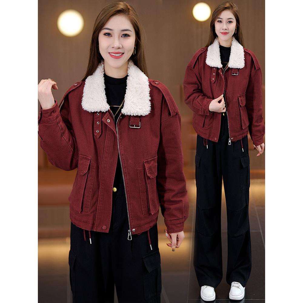 MONLOUVE美式覆古羊羔毛牛仔外套女2025秋季新款时尚短款加厚保暖