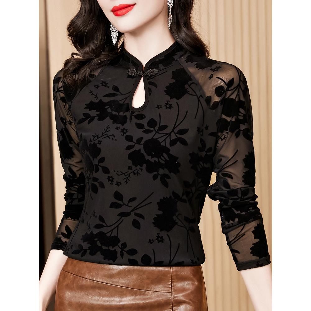 MONLOUVE新中式蕾丝打底衫女长袖2025年秋季新款内搭网纱t恤盘扣