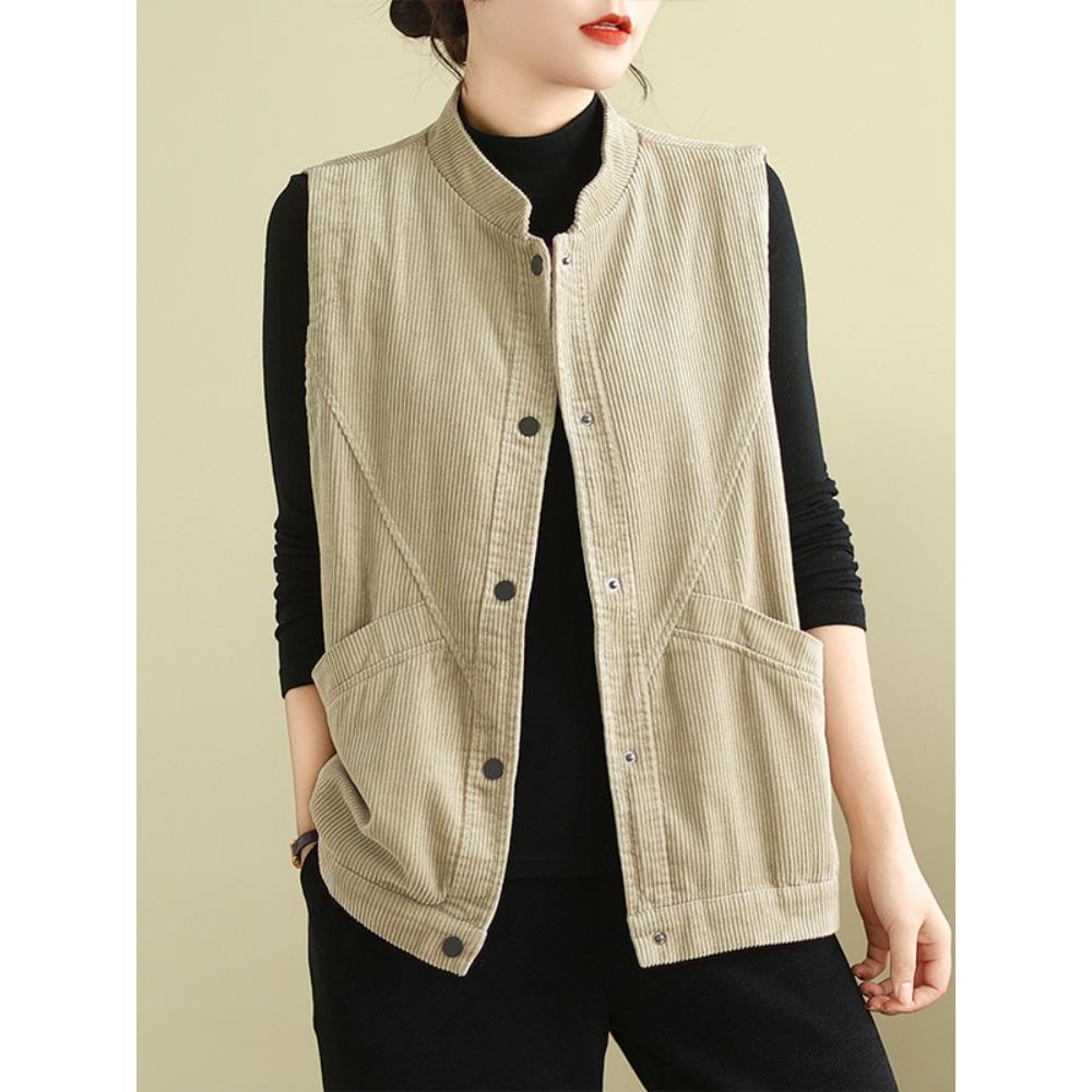 MONLOUVE覆古马甲外套女春秋宽松休闲妈妈叠穿坎肩显瘦条绒无袖马