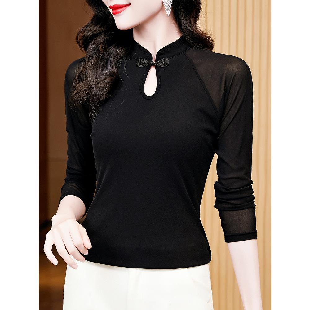 MONLOUVE新中式网纱长袖t恤女2025年秋季新款盘扣小衫内搭蕾丝打