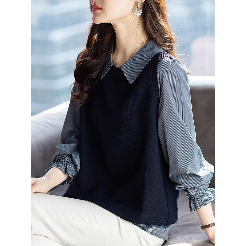 MONLOUVE粉色长袖polo衬衫女秋季妈妈欧货假两件洋气减龄显瘦宽松