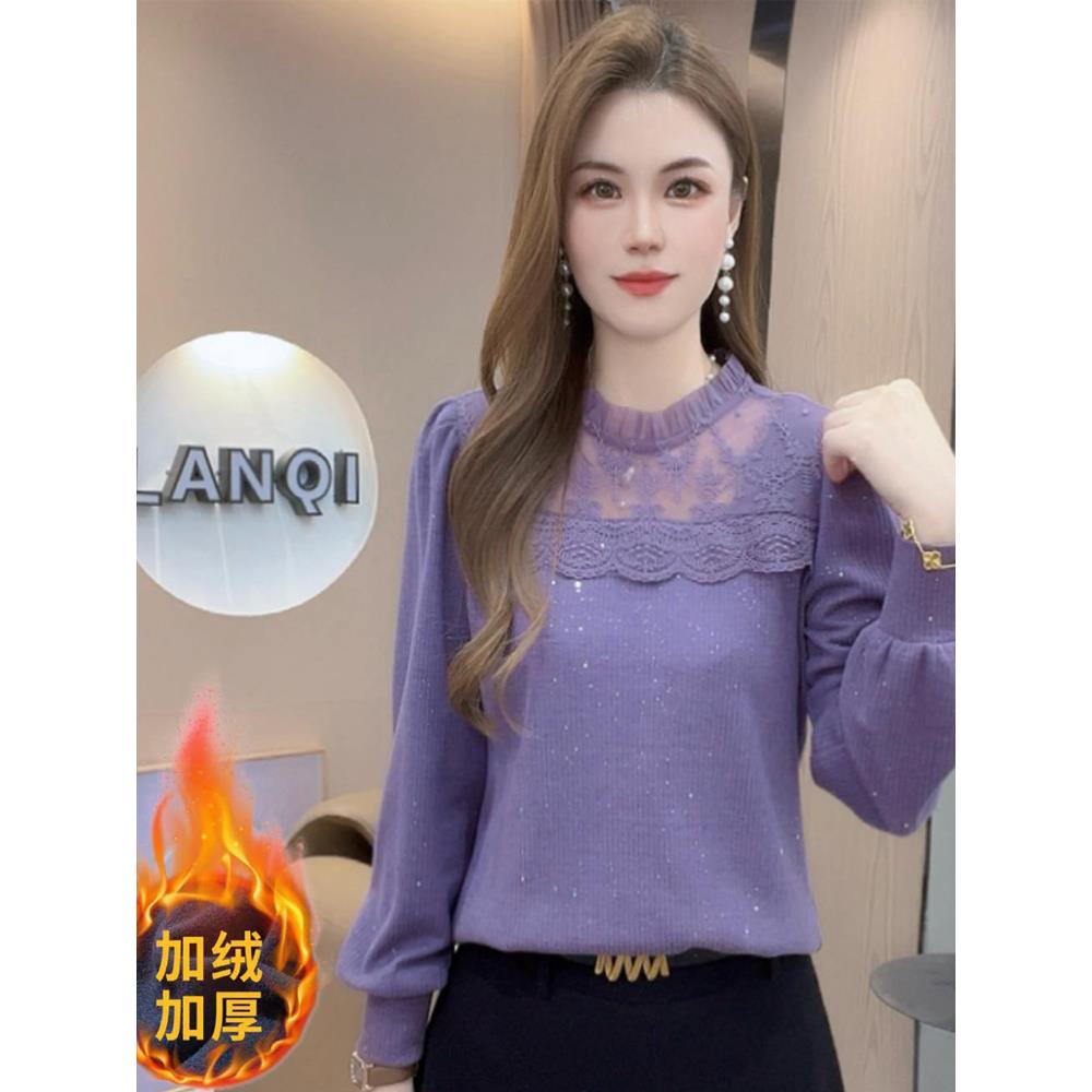 MONLOUVE2025秋冬季新款时尚气质别致蕾丝边洋气百搭减龄长袖T恤