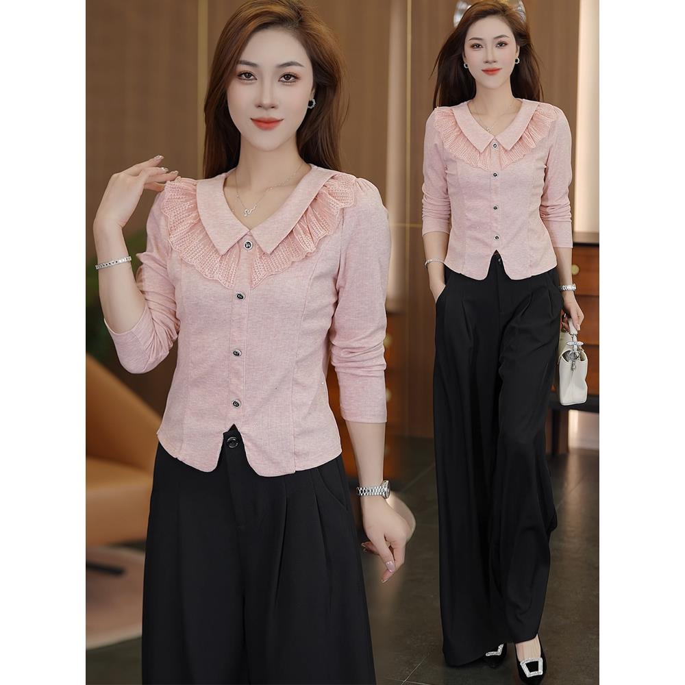 MONLOUVE2025时尚娃娃领长袖衬衫女蓝色蕾丝拼接洋气显瘦小个子减