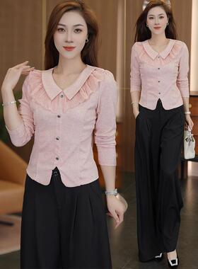 MONLOUVE2025时尚娃娃领长袖衬衫女蓝色蕾丝拼接洋气显瘦小个子减