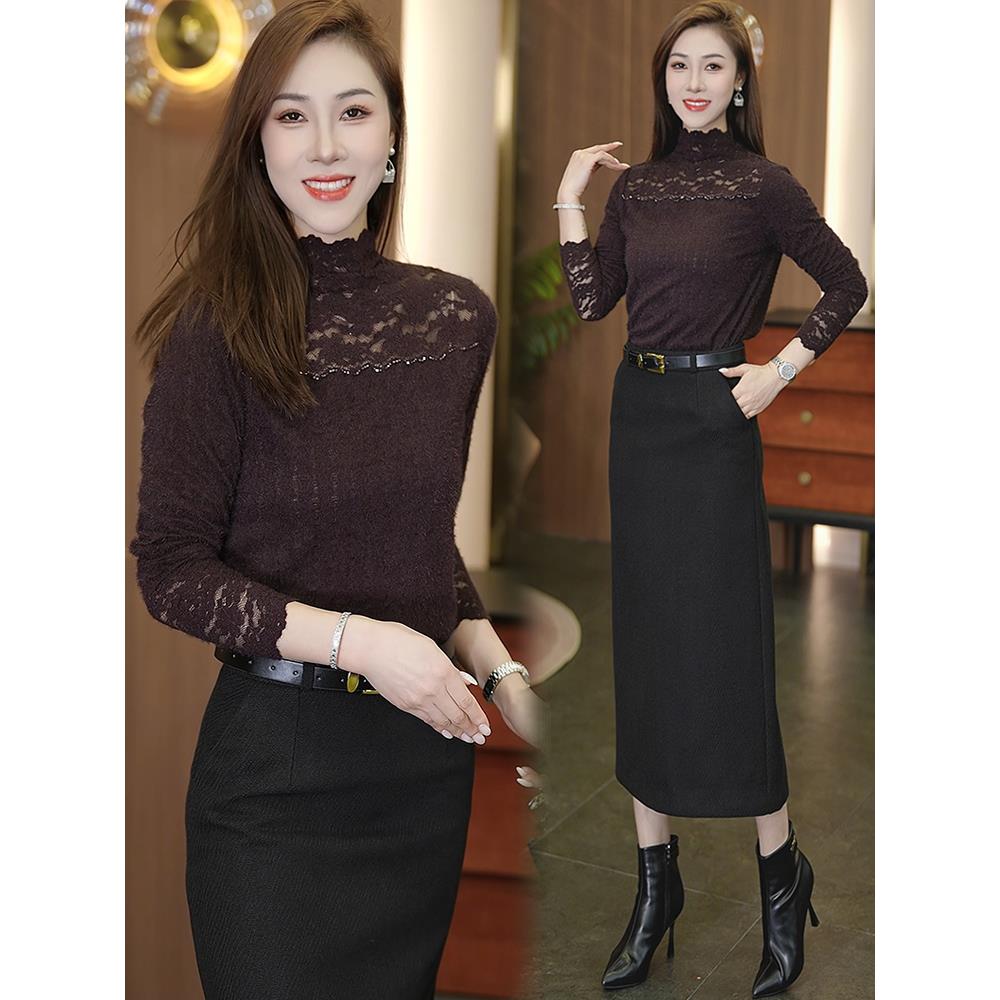 MONLOUVE半高领蕾丝打底衫女2025秋季新款长袖洋气韩版百搭修身显