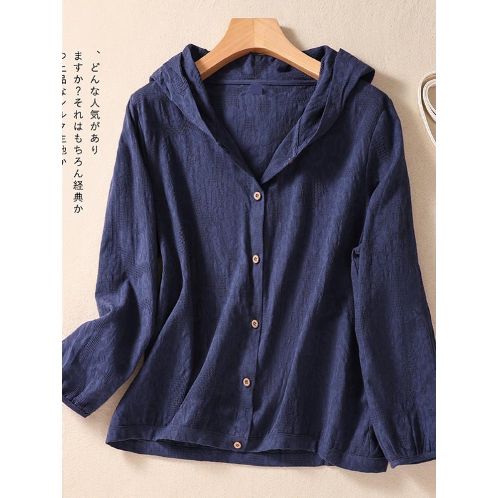 MONLOUVE文艺大码提花连帽衬衫外套女士春秋宽松休闲纯色长袖开衫