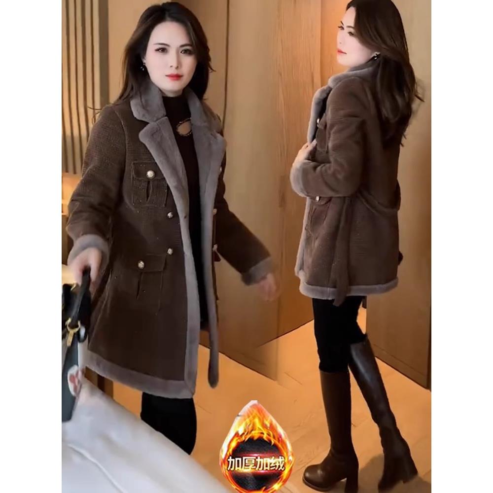 MONLOUVE加绒加厚外套女2023冬季新款洋气收腰中长款修身保暖呢子