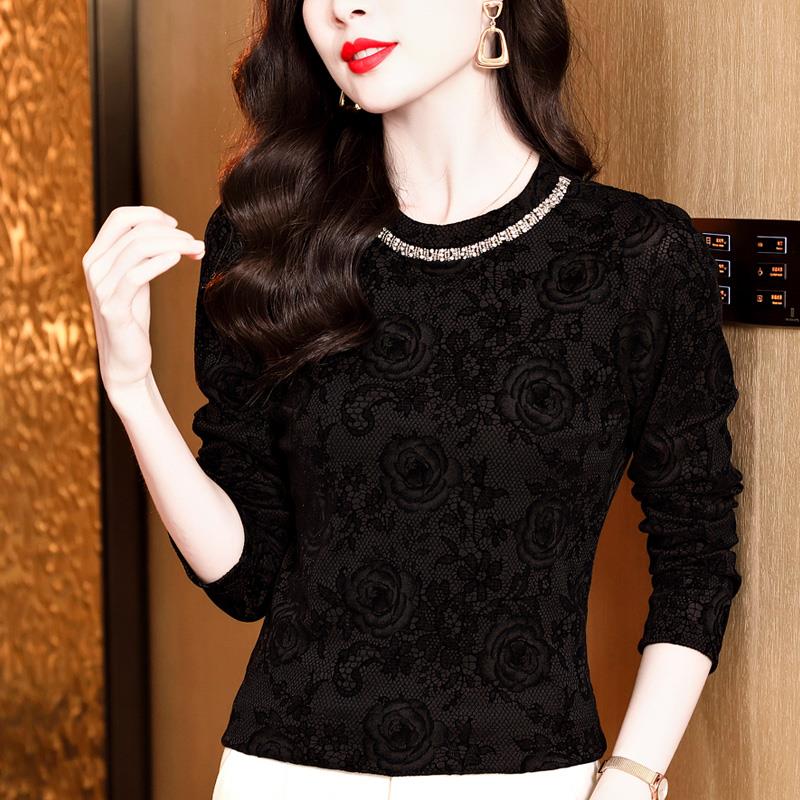 MONLOUVE蕾丝打底衫女内搭秋季2025新款黑色植绒网纱长袖T恤洋气